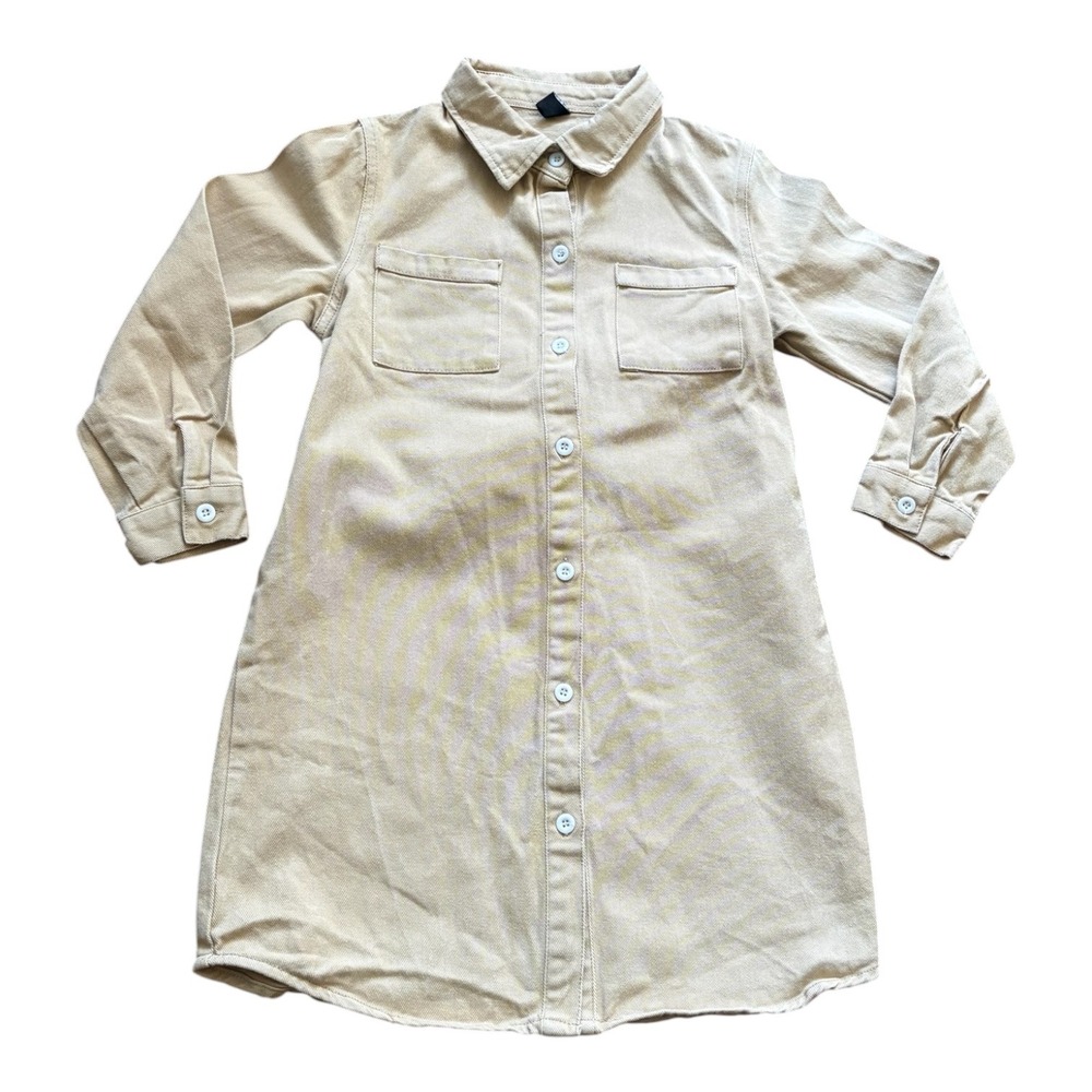 SHEIN Kids Tan Twill Button Down Long Sleeve Shirt Dress Size 7Y